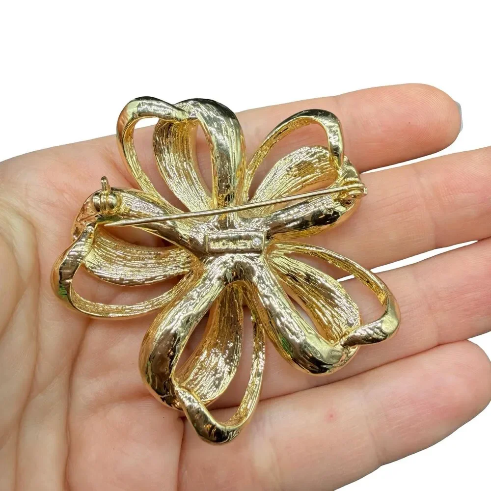 Vintage Jewelry Monet Rhinestone Flower Brooch Gold Tone Monet Flower Pin